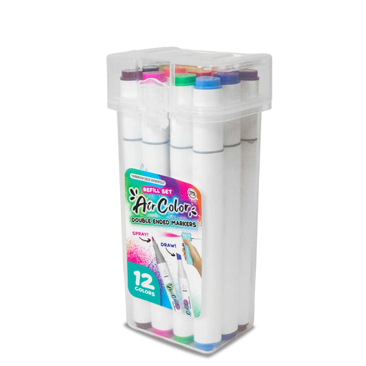 Air Color Double-Ended Markers, 12-Pack with Carrying Case, For Drawing, Coloring & Refills
