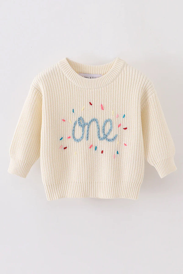 White hand-embroidery pullover sweater