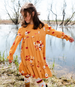 Peasant Woven Dress With Frills Yellow Ochre Floral Print