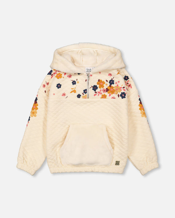 Quilted Fleece Hooded Top With Pocket Off White