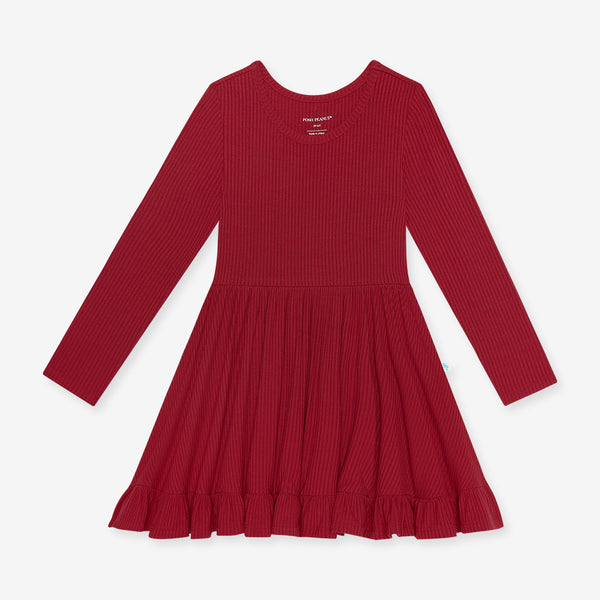 Solid Ribbed - Dark Red - Long Sleeve Ruffled Twirl Dress