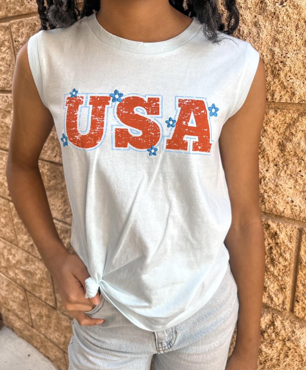 I love the USA floral front back embroidery tween graphic tank