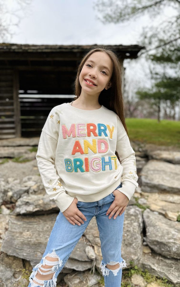 Merry and bright chenille rhinestone holiday graphic tee