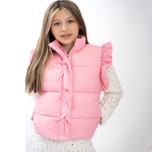 RUFFLE PUFFER VEST W/FRONT BOWS