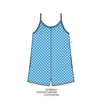 Checkered Pull On Romper Blue