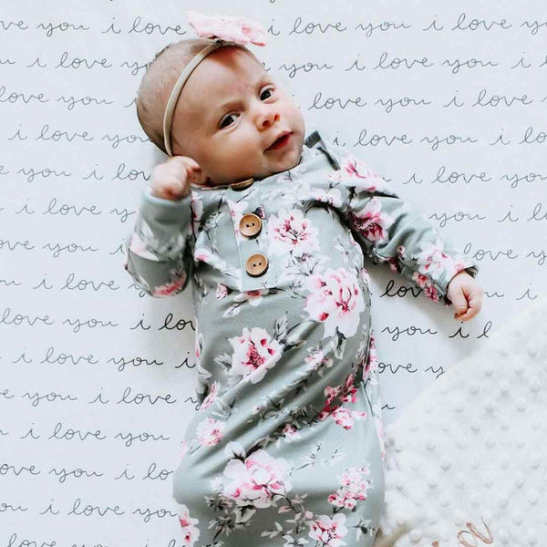 Saylor's Sage & Blush Floral Newborn Baby Knot Gown & Hat Set