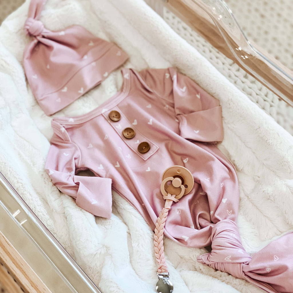 Tiny Hearts in Dusty Pink Newborn Baby Knot Gown & Hat Set