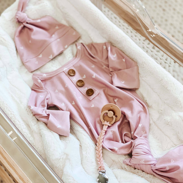 Tiny Hearts in Dusty Pink Newborn Baby Knot Gown & Hat Set