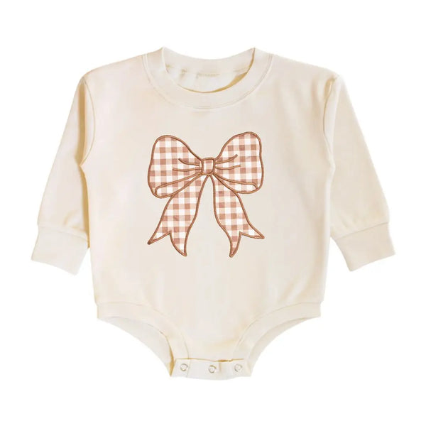 Gingham Bow Patch Long Sleeve Romper