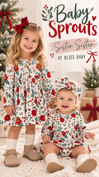 BABY GIRL LONG SLEEVE BODYSUIT DRESS SET - POINSETTIA