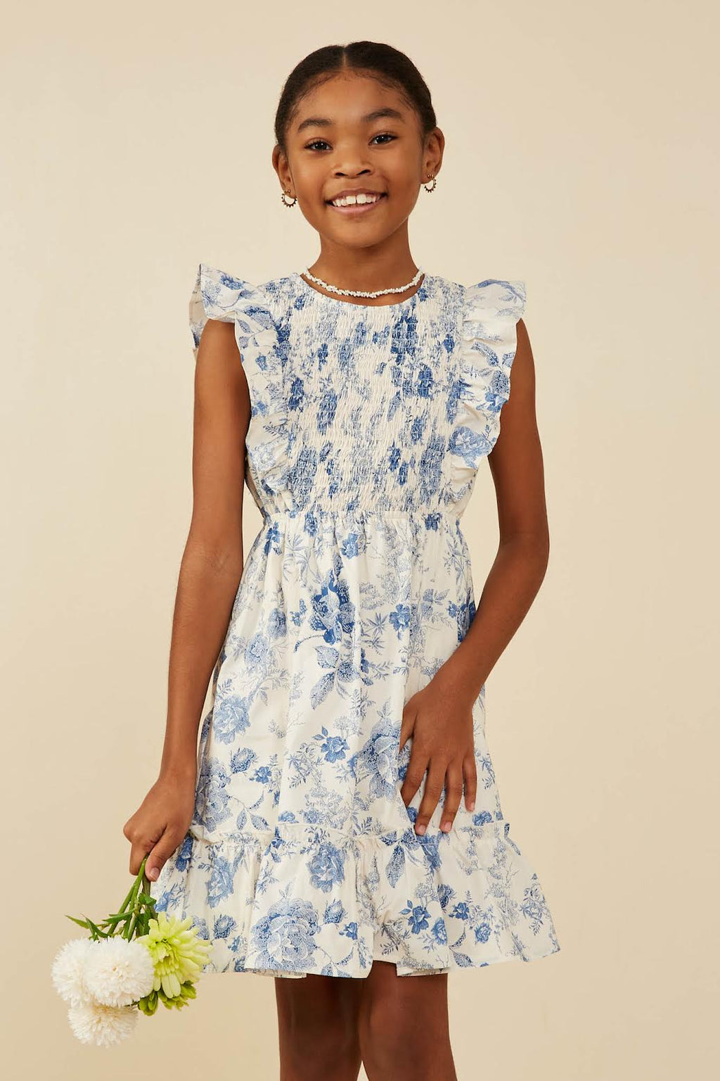 Girls Antique Floral Smock And Ruffle Dress - Blue