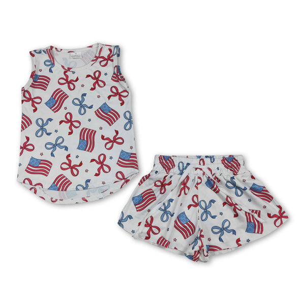 Sleeveless bow flag top shorts kids girls 4th of july outfit