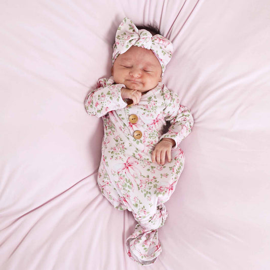 Bows in Bloom Newborn Baby Knot Gown & Hat Set | Pink