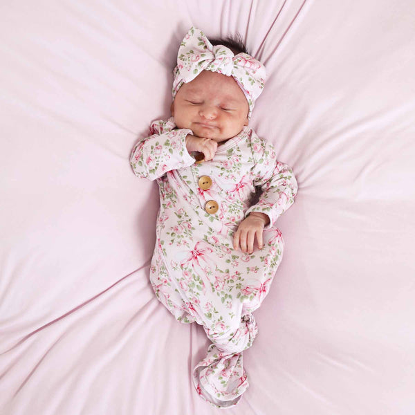 Bows in Bloom Newborn Baby Knot Gown & Hat Set | Pink