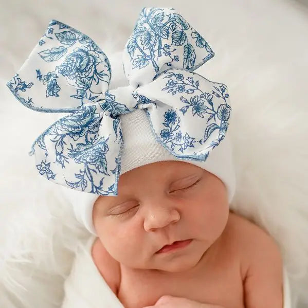 Ilybean Toile Floral Bow Blue Newborn Girl Hat