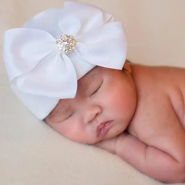 Newborn Hat Pink stripe on white bow with stones