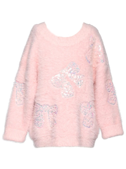 Sequin Bow Fuzzy Sweater - Pink