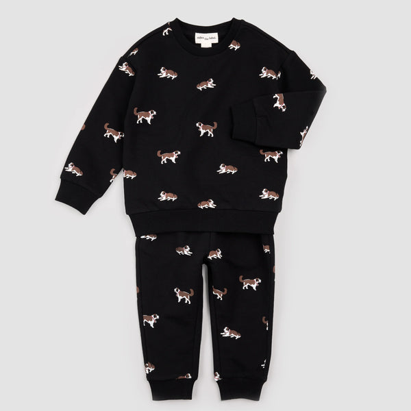 Saint Bernard Print on Black Fleece Jogger Set