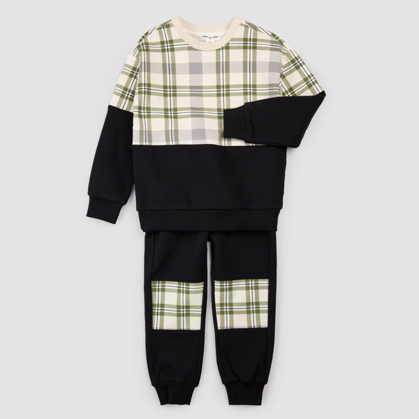 Plaid and Black Patched Jogger Set
