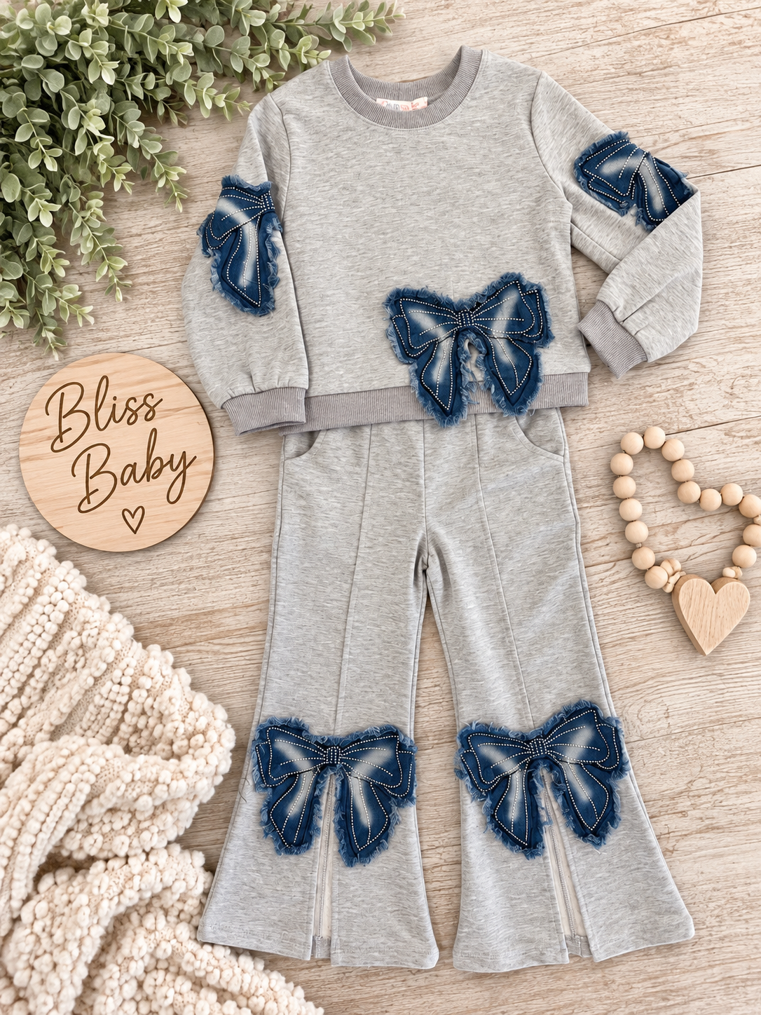 Flared Pants w/ Denim Bow Patch Detail