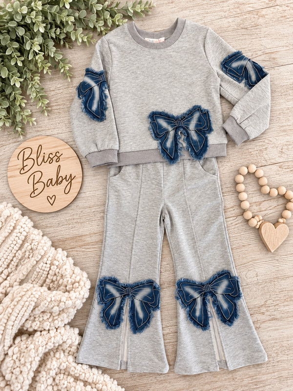 Long Sleeve Top w/ Denim Bow Patch Detail