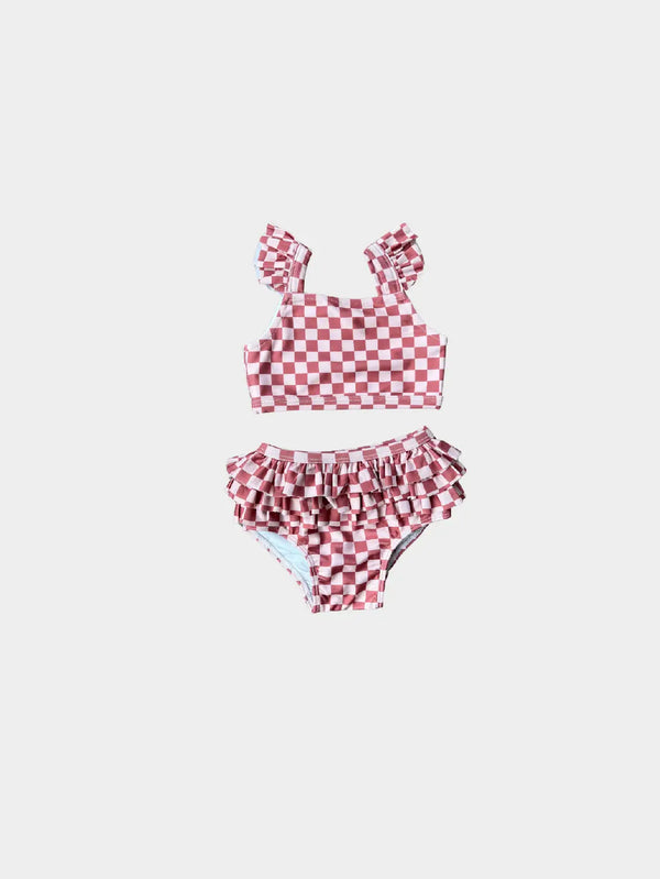 Girl's Two-Piece Ruffle Swim Set in Strawberry Check