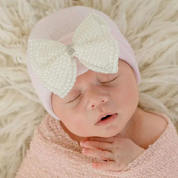 Pink Hat Pearl Bow Newborn Girl Hospital Hat
