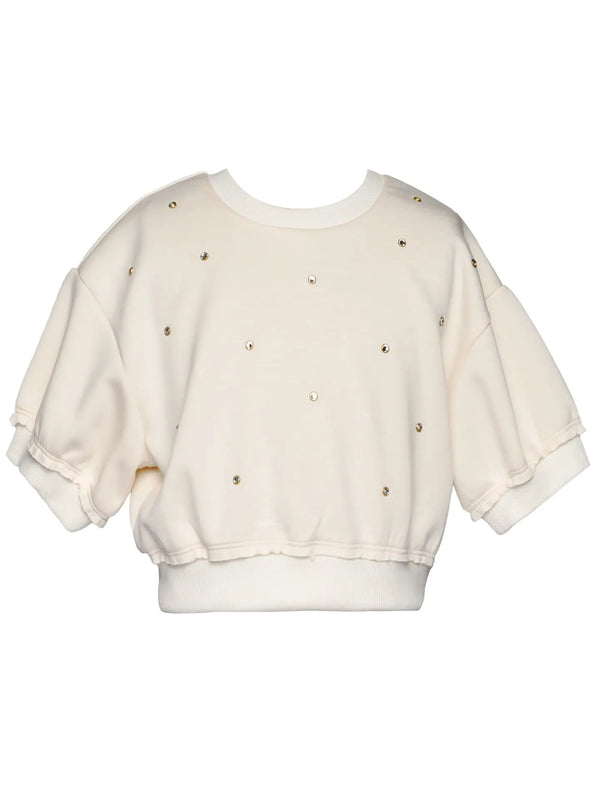 Short Sleeve Rhinestone Embellished Scuba Sweatshirt