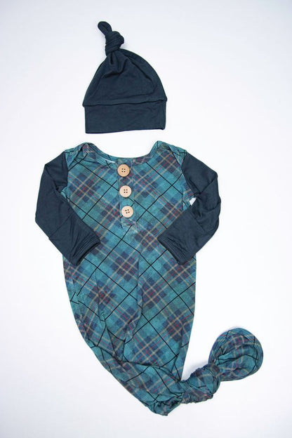 Preston Plaid Teal Knot Gown & Hat