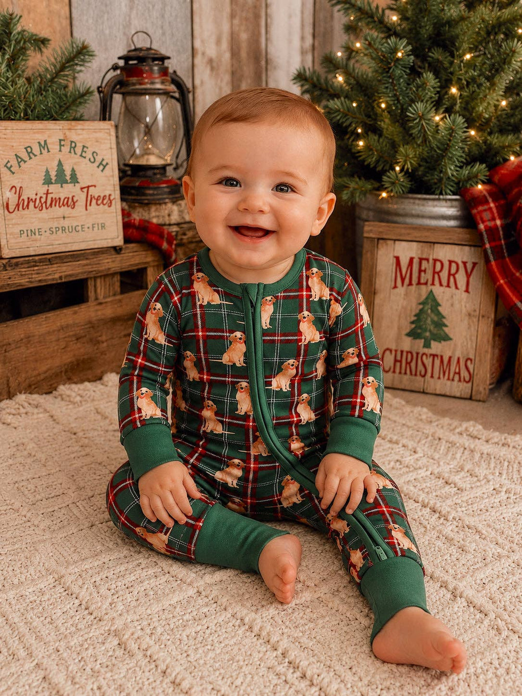 2-Way Zip Romper, Country Christmas Retrievers