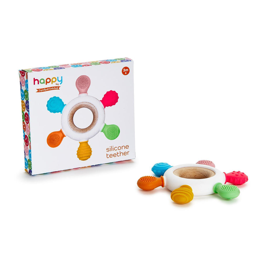 HAPPY SILICONE AND WOOD TEETHER IN GIFT BOX