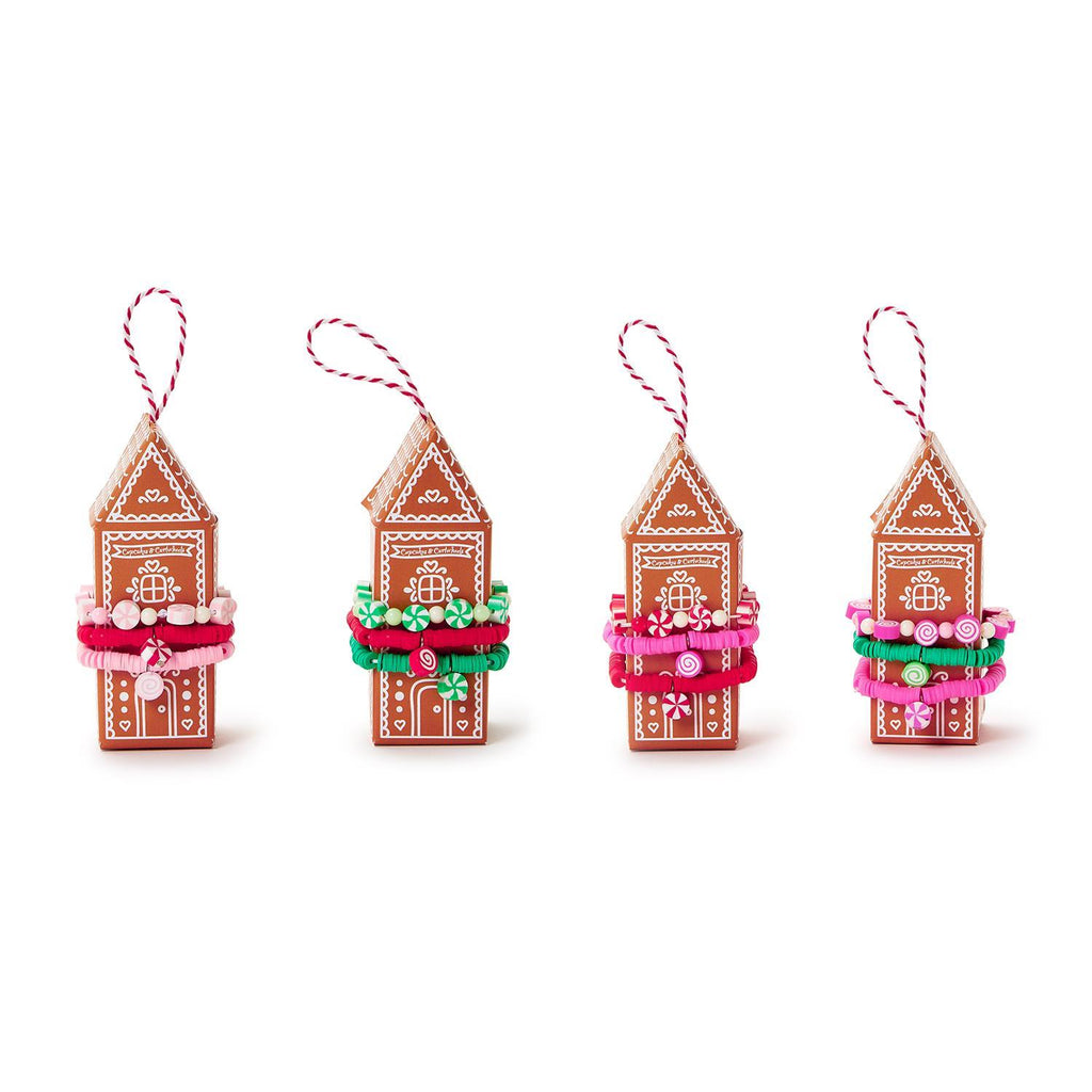 Set of 3 Peppermint Candy Elastic Bracelets on Gingerbread House Gift Box