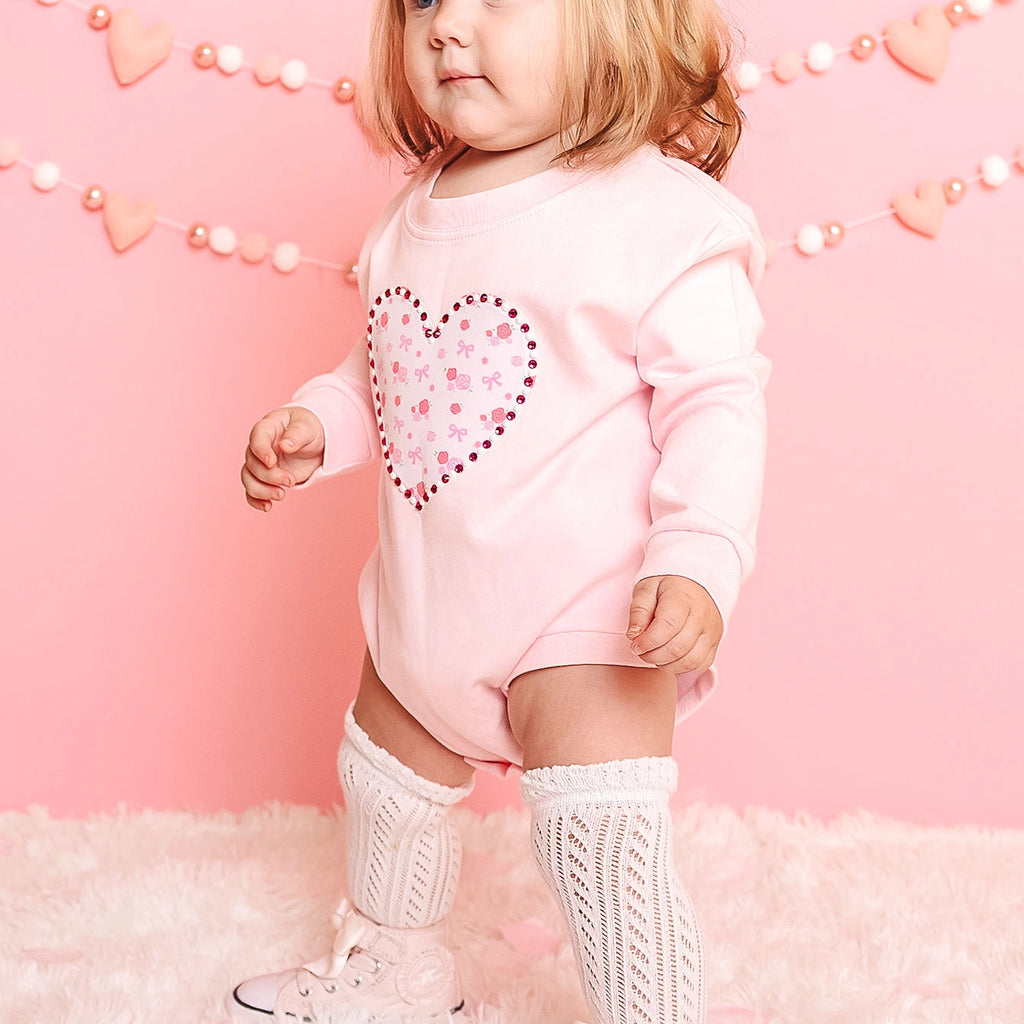 Dainty Rose Pearl Heart Patch Long Sleeve Romper - Baby