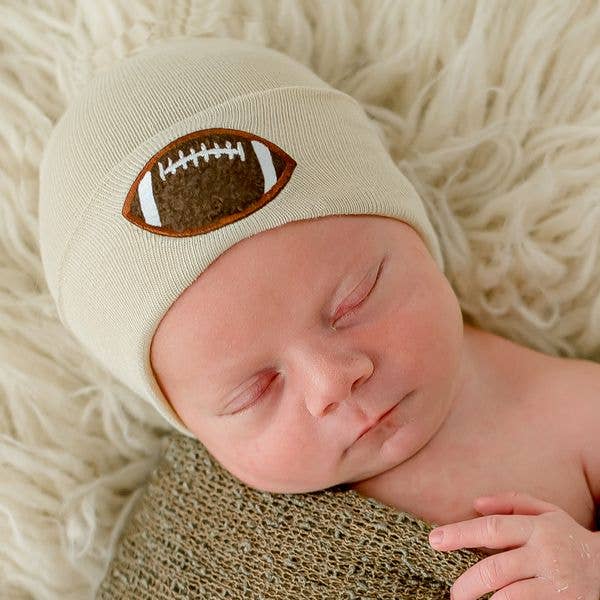 Chenille Football Newborn Hospital Hat- Oatmeal / Newborn