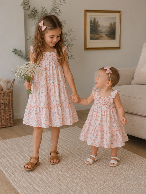 Multi-Tiered Dress With Smocking Pink Printed Flowers