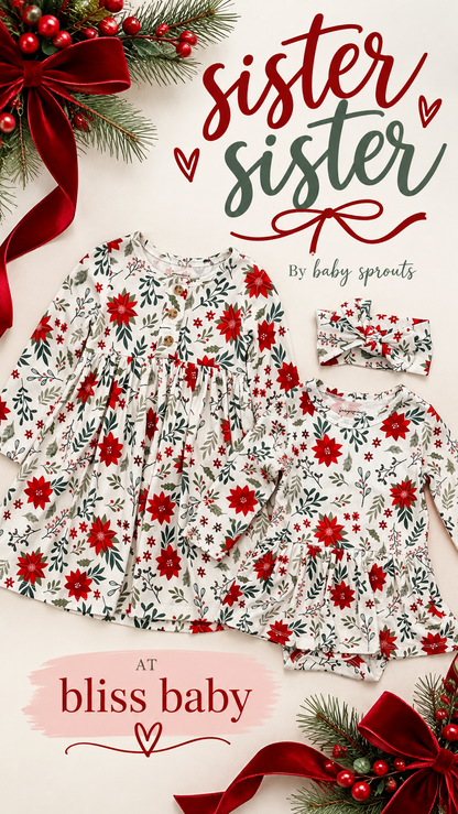 BABY GIRL LONG SLEEVE BODYSUIT DRESS SET - POINSETTIA