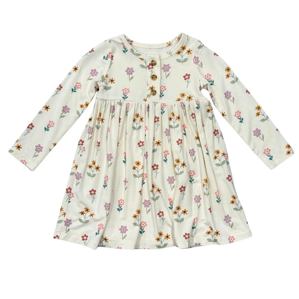 GIRLS LONG SLEEVE HENLEY DRESS - Meadow Bloom