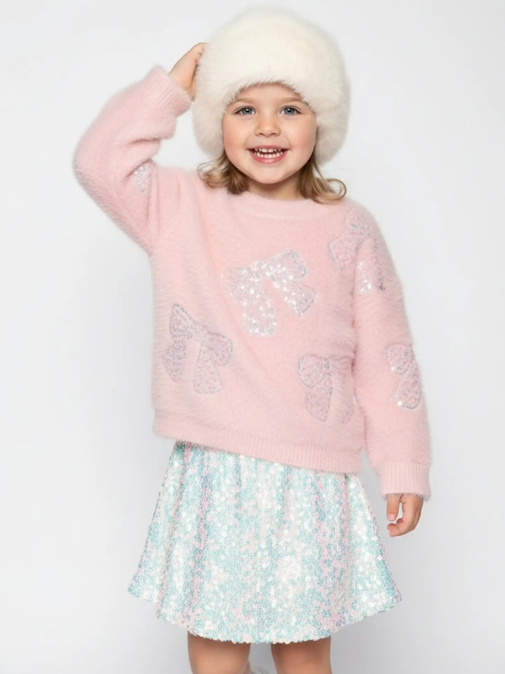 Sequin Bow Fuzzy Sweater - Pink