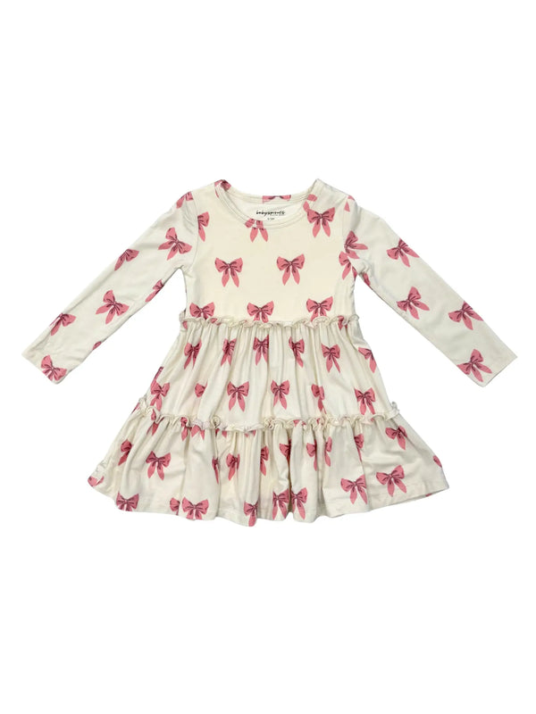 GIRLS LONG SLEEVE DOUBLE TIERED DRESS - Rose Elegance Bows