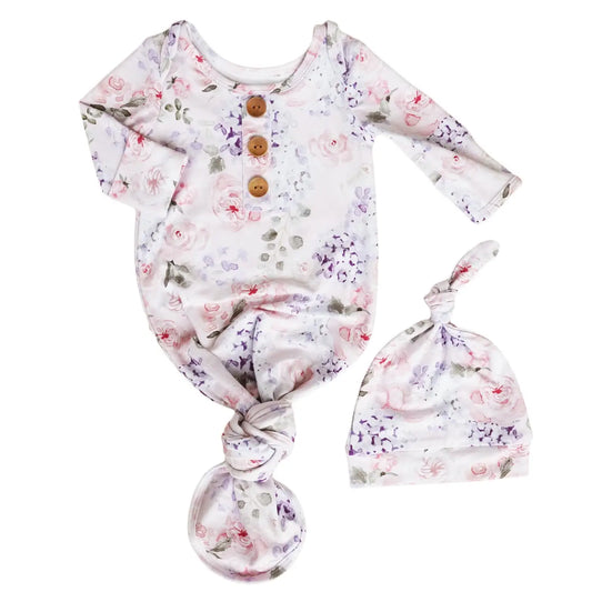 Henlee's Hydrangea Newborn Baby Knot Gown & Hat Set