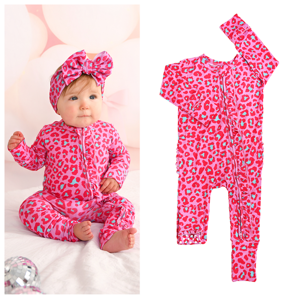Zuri Leopard RUFFLE ZIP Valentines Bamboo 1PC Baby Outfit