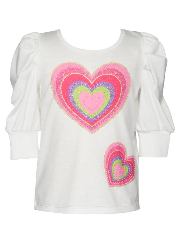 Heart Print Top w/ Pleated Sleeve Detail