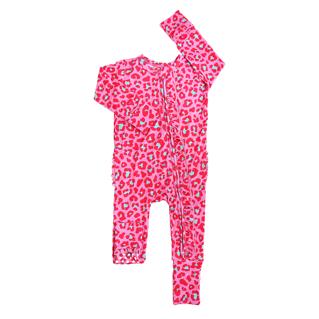 Zuri Leopard RUFFLE ZIP Valentines Bamboo 1PC Baby Outfit
