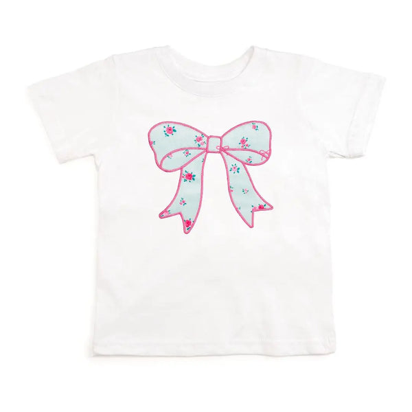Sky Blue Floral Bow Patch Short Sleeve T-Shirt - White