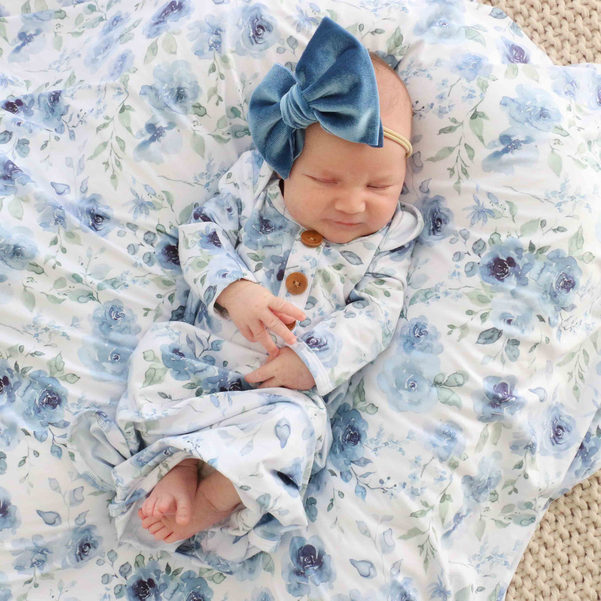 Bailey's Blue Floral Newborn Baby Knot Gown & Hat Set
