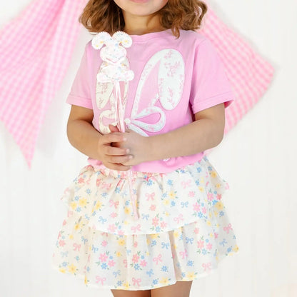 Lace Bunny Bow Patch Easter Short Sleeve T-Shirt - Pink