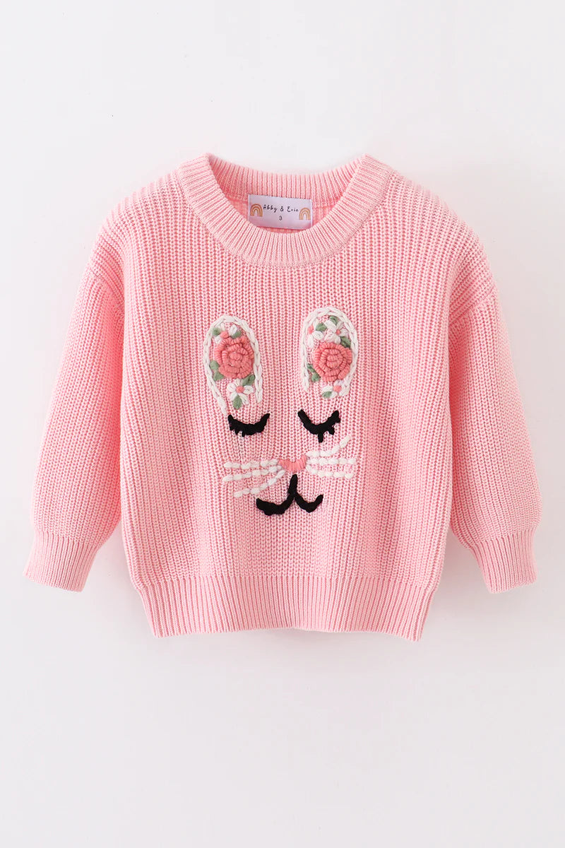 Pink hand-embroidery bunny pullover Chunky Knit sweater