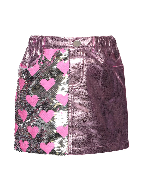 Heart Sequin Mini Skirt w/ Metallic Faux Leather Contrast