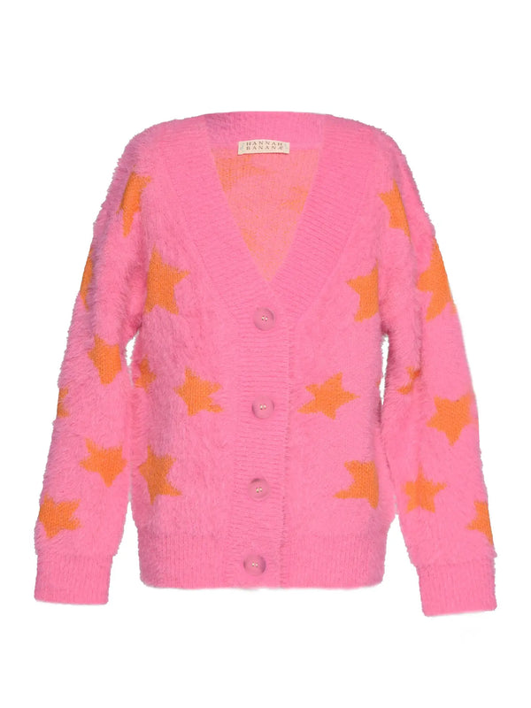 Fuzzy All Over Color Block Star Print Ls Cardigan