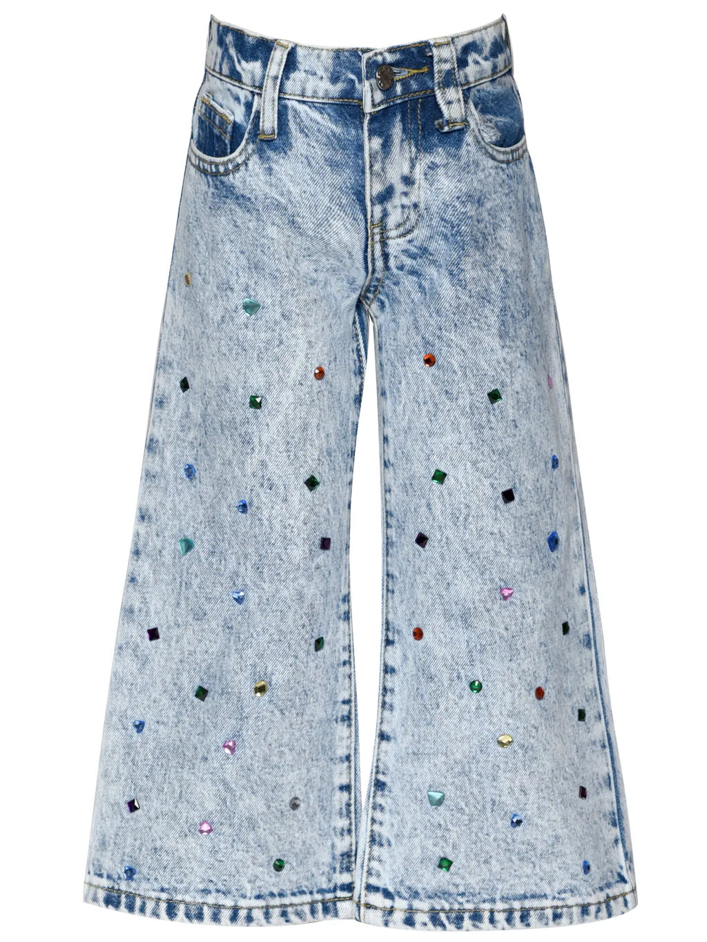 Acid Wash Denim Pants w/ Rhinestones
